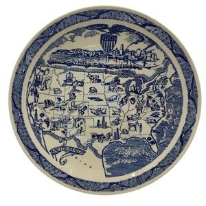 Vintage Vernon Kilns United States Map Transferware Ceramic Blue White 10.5in